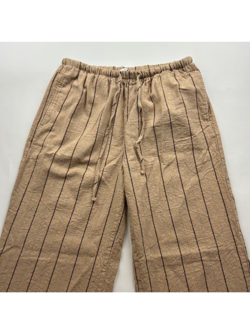 Love Tree Warm Tan Striped Linen Blend Wide Leg Pant L - Picture 2 of 7